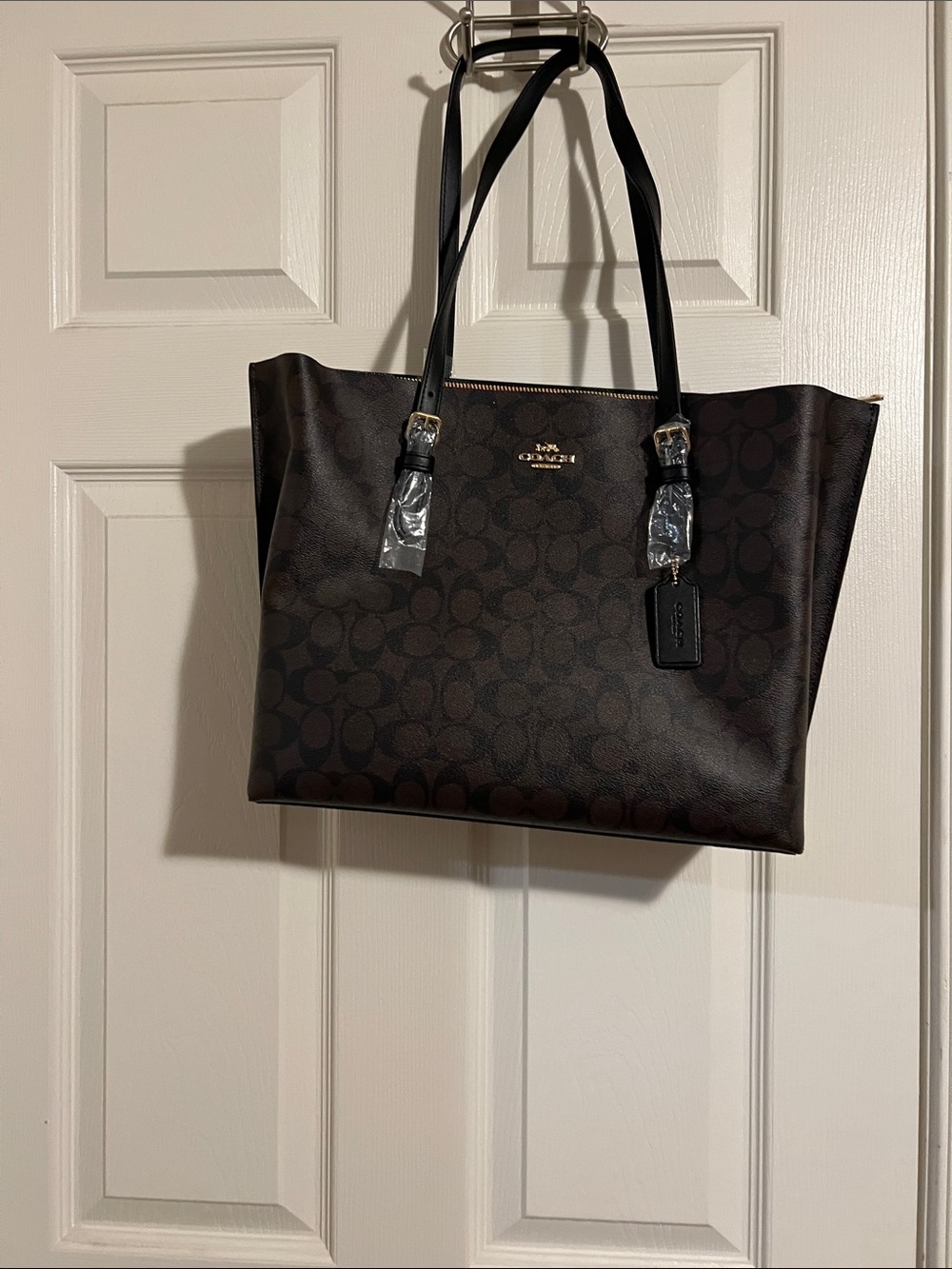 Coach Dark Brown Signature Tote with Black Straps